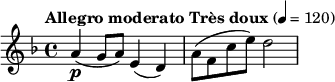 \relative c'' {\key f \major \tempo "Allegro moderato Tres doux" 4 = 120 a4\p (g8 a8) e4 (d4) a'8 (f8 c'8 e8) d2}