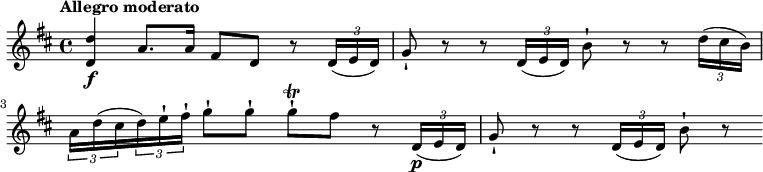 \relative c' { \key d \major \time 4/4 \tempo "Allegro moderato" \tempo 4 = 70 <d d'>4\f a'8. a16 fis8 d r8 \tuplet 3/2 {d16 (ed)} g8-! r8 r8 \tuplet 3/2 {d16 (ed)} b'8-! r8 r8 \tuplet 3/2 {d16 (cis b)} \tuplet 3/2 {a16 d (cis} \tuplet 3/2 {d) e-! fis-!} g8-! g-! g-! \trill fis r8 \tuplet 3/2 {d,16\p (ed)} g8-! r8 r8 \tuplet 3/2 {d16 (ed)} b'8-! r8 }
