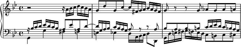 \new PianoStaff << \new Staff \relative c'' { \key g \minor r2 r16 a bes cdc bes a | g8 d' g, c~ c16 fis, ga bes ag fis | g8 rrg as g as a | } \new Staff << \new Voice \relative c' { \key g \minor \clef bass \voiceOne r16 bes cd es dc bes a8 es' a, d~ | d16 g, a bes c bes ag a8 rra | bes8 a bes b c16 d es dc bes ag | } \new Voice \relative c { \voiceTwo g4 g' fis f | e4 es d16 a bes c d8 d, | g16 d' e fis gfed c8 bc cis | } >> >>