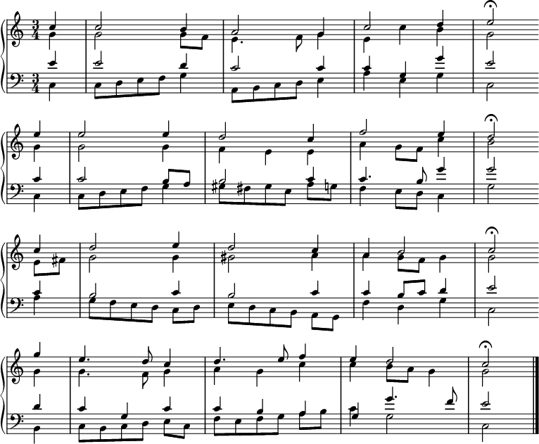 
{ \new PianoStaff << \set Score.tempoHideNote = ##t \override Score.BarNumber #'transparent = ##t \new Staff << \new Voice \relative c'' {\set Staff.midiInstrument = #"church organ" \tempo 4 = 104 \voiceOne \clef treble \key c \major \time 3/4 \partial 4 c4 | c2 b4 | a2 g4 | c2 d4 | e2\fermata \bar"" \break e4 | e2 e4 | d2 c4 | f2 e4 | d2\fermata \bar"" \break c4 | d2 e4 | d2 c4 | a4 b2 | c2\fermata \bar"" \break g'4 | e4. d8 c4 | d4. e8 f4 | e4 d2 | c2\fermata \bar "|." } \new Voice \relative c'' { \voiceTwo g4 | g2 g8 f | e4. f8 g4 | e c' b | g2 g4 | g2 g4 | fee | a4 g8 f c'4 | b2 e,8 fis | g2 g4 | gis2 a4 | a g8 f g4 | g2 g4 | g4. f8 g4 | agc | c b8 a g4 | g2 } >> \new Staff << \new Voice \relative c' {\set Staff.midiInstrument = #"church organ" \clef bass \key c \major \time 3/4 \voiceOne e4 | e2 d4 | c2 c4 | cg g' | e2 c4 | c2 b8 a | b2 c4 | c4. b8 g'4 | g2 c,4 | b2 c4 | b2 c4 | c4 b8 c d4 | e2 d4 | cgc | cba | g g'4. f8 | e2 } \new Voice \relative c { \voiceTwo c4 | c8 def g4 | a,8 bcd e4 | aeg | c,2 c4 | c8 def g4 | gis8[ fis gis e] ag | f4 e8 d c4 | g'2 a4 | g8[ fed] cd | e[ dcb] ag | f'4 dg | c,2 b4 | c8[ bcd] ec | f[ efg] ab | c4 g2 | c,2 } >> >> }
