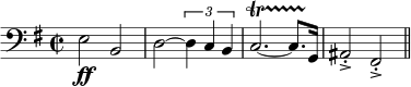 \relative c{ \set Staff.midiInstrument = #"tuba" \set Score.tempoHideNote = ##t \tempo 4 = 130 \clef bass \key g \major \time 2/2 e2 \ff bd~ \times 2/3 { d4 cb } c2.~\startTrillSpan c8. g16\stopTrillSpan ais2\accent\staccato fis\accent\staccato \bar "||" }