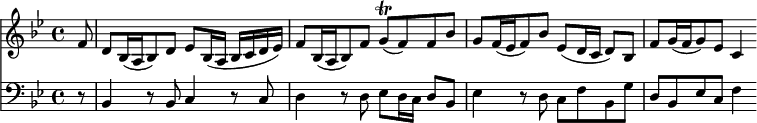 
<< << \new Staff { \clef treble \time 4/4 \partial 8 \key bes \major \set Staff.midiInstrument = "oboe" \set Score.tempoHideNote = ##t \relative c' { f8 | d[ bes16( a bes8) d] es bes16( a bes cd es) | f8[ bes,16( a bes8) f'] g\trill( f) f bes | g[ f16( es f8) bes] es,( d16 c d8) bes | f'8[ g16( f g8) es] c4 } } \new Staff { \clef bass \time 4/4 \key bes \major \set Staff.midiInstrument = "cello" \relative c { r8 | bes4 r8 bes c4 r8 c | d4 r8 d es d16 c d8 bes | es4 r8 dcf bes, g' | d bes es c f4 } } >> >> \layout { indent = #0 } \midi { \tempo 4 = 66 }
