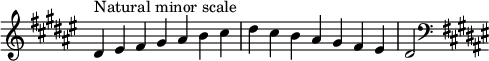 { \omit Score.TimeSignature \relative c' { \key dis \minor \time 7/4 dis^"ナチュラルマイナースケール" eis fis gis ais b cis dis cis b ais gis fis eis dis2 \clef F \key dis \minor } }