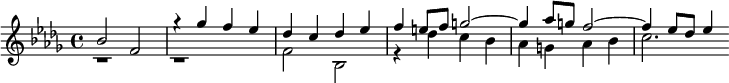 \new PianoStaff << \new Staff = "up" << \clef treble \key bes \minor \time 4/4 \new Voice \relative c'' { \voiceOne bes2 f g'4\rest ges f ees des c des ees f e8 f g2~ g4 aes8 g f2~ f4 ees8 des ees4 } \new Voice \relative c' { \voiceTwo b1\rest b1\rest f'2 bes, r4 des' c bes aes g aes bes c2. } >> >>