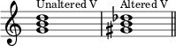 { \override Score.TimeSignature #'stencil = ##f \relative c'' { \clef treble \time 4/4 \key c \major \textLengthOn <gb d>1^\markup { \tiny "Untered V"} <gis b des>^\markup { \tiny "Altered V"} \bar "||" } }