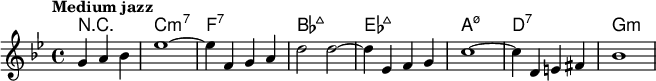 \relative c' { \partial 2. << \new ChordNames { \set ChordChanges = ##t \chordmode { r2. c1:m7 f:7 bes:maj7 ees:maj7 a:m7.5- d:7 g:m} } \new Staff { \tempo "ミディアム ジャズ" \key g \minor g'4 a bes |えっ1~ | ees4 f、ga | d2 d2~ | d4 es、fg | c1~ | c4 d、e は 1 } >> }