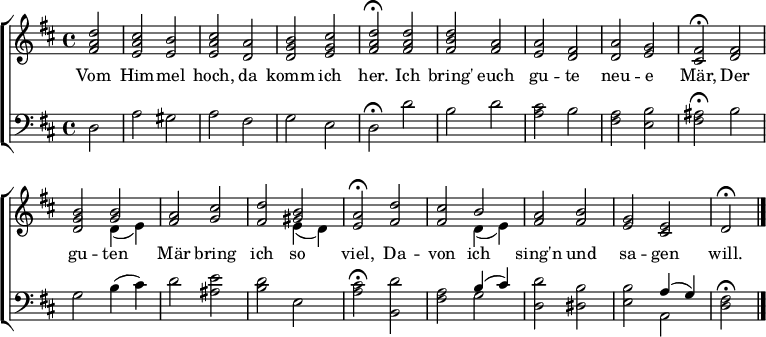 \header { tagline = ##f } \layout { indent = 0 \set Score.tempoHideNote = ##t \context { \Score \remove "Bar_number_engraver" } } global = { \key d \major \time 4/4 \partial 2 } tn = \tempo 2 = 100 tf = \tempo 2 = 45 tenor = \new Voice = "tenvoice" \relative c' { \tn \global <fis a d>2 | <ea cis> <e b'> | <ea cis> <d a'> | <dg b> <eg cis> | \tf <fis a d>\fermata \tn <fis a d> | <fis b d> <fis a> | <e a> <d fis> | <d a'> <e g> | \tf <cis fis>\fermata \tn <d fis> | <dg b> << { \voiceOne <g b> } \new Voice { \voiceTwo d4 (e) } >> \oneVoice | <fis a>2 <g cis> | <fis d'> << { \voiceOne <gis b> } \new Voice { \voiceTwo e4 (d) } >> \oneVoice | \tf <e a>2\fermata \tn <fis d'> | <fis cis'> << { \voiceOne b } \new Voice { \voiceTwo d,4 (e) } >> \oneVoice | <fis a>2 <fis b> | <e g> <cis e> | \tf d\fermata \bar "|." } ベース = \relative c { \global d2 | a' gis | a fis | ge | d\fermata d' | bd | <a cis> b | <fis a> <e b'> | <fis ais>\fermata b | g b4 (cis) | d2 <ais e'> | <b d> e, | <a cis>\fermata <db,> | <fis, a> << { \voiceOne b4 (cis) } \new Voice { \voiceTwo g2 } >> \oneVoice | <d d'> <dis b'> | <e b'> << { \voiceOne a4 (g) } \new Voice { \voiceTwo a,2 } >> \oneVoice | <d fis>2\fermata \bar "|." } verse = \lyricmode { Vom Him -- mel hoch, da komm ich her.私は euch gu -- te neu -- e Mär、Der gu -- ten Mär は ich so viel をもたらします、Da -- von ich sing'n und sa -- gen will です。 } \score { \new ChoirStaff << \new Staff \with { midiInstrument = "教会オルガン" } { \clef treble \new Voice \tenor } \new Lyrics \lyricsto "tenvoice" \verse \new Staff \with { midiInstrument = "教会オルガン" } { \clef低音 \new Voice = "bass" \bass } >> \layout { } \midi { } }