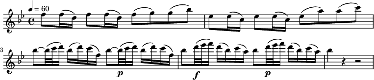 
\relative c'' { \set Staff.midiInstrument = #"flute" \tempo 4 = 60 \clef "treble" \time 4/4 \key bes \major f8 f16( d) f8 f16( d) f8( g) g( bes) | es,8 es16( c) es8 es16( c) es8( a) a( c) | bes8~ bes32( c d16) bes( d) c( f,) bes8~ bes32\p( c d16) bes( d) c( f,) | bes8 d32\f( es f16) d( bes) c( a) bes8 d32\p( es f16) d( bes) c( a) | bes4 r r2 }
