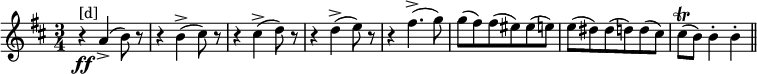 \relative c'''{\set Score.tempoHideNote = ##t \tempo 2. = 69 \key d \major \time 3/4 r4\ff^​​"[d]" a,->( b8) r r4 b->( cis8) r r4 cis->( d8) r r4 d->( e8) r r4 fis4.->( g8) g( fis) fis( eis) eis( e) e( dis) dis( d) d( cis) cis\trill( b) b4-。 b-。 \bar "||"}