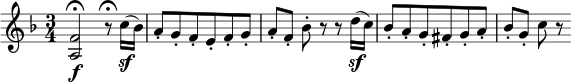 \relative f' { \key f \major \time 3/4 <fa,>2 \f \fermata r8 \fermata c'16( \sf bes) a8-. g-. f-. e-. f-. g-. a8-.[ f-.] bes-. rr d16( \sf c) bes8-. a-. g-. fis-. g-. a-. bes8-.[ g-.] c8 r }