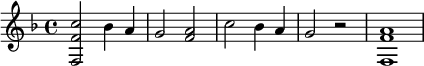 {\set Staff.midiInstrument = #"チェレスタ" \key f \major <c'' f' f>2 bes'4 a'4 g'2 <a' f'> c'' bes'4 a'4 g'2 r2 <a' f' f>1}