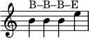 \relative c'' { \override Score.TimeSignature #'stencil = ##fb^\markup { B–B–B–E } bbe }