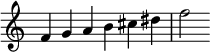 {
\override Score.TimeSignature #'stencil = ##f
\relative c' {
\clef treble \time 6/4
f4 g a b cis dis f2
} }