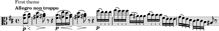 \relative c' { \set Score.tempoHideNote = ##t \tempo 4 = 116 \set Staff.midiInstrument = #"viola" \set Score.currentBarNumber = #19 \key b \minor \time 4/4 \clef alto \bar "19" \partial 4^\markup { \translate #'(-4 . 0) \column { \line { 最初のテーマ } \line { \bold { Allegro non troppo} } } } <fis b>8_.\p\< (<g cis>_.)\! <gis d'>4\> (<ais cis>8)\! r8 r4 <fis b>16\p\< (<g e'> <fis d'> <g b>)\! <gis d'>4\> (<ais cis>8)\! r8 r4 fis'16\p (e_.) e_. e_。 g (fis_.) fis_. fis_。 b、(ais_.)ais_. ais_。シス(b_.)b_. b_。フィス(e_。)e_。 e_。 g (fis_.) e_. d_。シス_。 d_。シス_。 b_。 ais8 r8 }