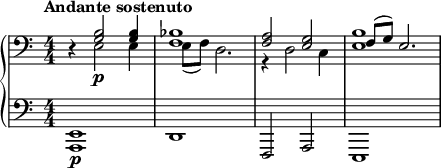 { \new PianoStaff << \new Staff \relative c' { \clef bass \numericTimeSignature \time 4/4 \tempo "Andante sostenuto" r4 << { <b g>2\p <b g>4 | <bes f>1 | <a f>2 <g e> | f8( g) e2. } \\ { e2 e4 | e8( f) d2. | r4 d2 c4 | <b' e,>1 } >> } \new Staff \relative c { \clef bass \numericTimeSignature \time 4/4 <e, a,>1\p | d | f,2 a | e1 } >> }