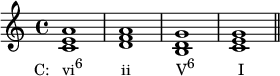{ \relative c' { \clef treble \time 4/4 <ce a>1_\markup { \concat { \translate #'(-4 . 0) { "C: vi" \raise #1 \small "6" \hspace #5.5 "ii" \hspace #6.5 "V" \raise #1 \small "6" \hspace #6.2 "I" } } } <df a> <bd g> <ce g> \bar "||" } }