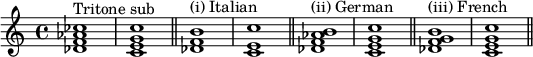 { \relative c' { \time 4/4 <des f aes ces>1^\markup { "Tritone sub" } <ceg c> \bar "||" <des f b>^\markup { "(i) イタリア語" } <ce c'> \bar "||" <des f aes b>^\markup { "(ii) ドイツ語" } <ceg c> \bar "||" <des fg b>^\markup { "(iii) フランス語" } <ceg c> \bar "||" } }