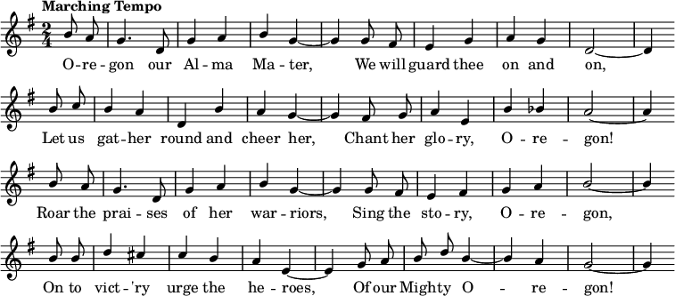 { \language "english" \new Voice \fixed c' { \set Staff.midiInstrument = #"brass section" \set Score.tempoHideNote = ##t \tempo "Marching Tempo" 4 = 144 \stemUp \clef treble \key g \major \time 2/4 \partial 4 \autoBeamOff b8 a g4. d8 g4 abg~g g8 fs e4 gag d2~d4 \bar "" \break b8 c' b4 adbag~g fs8 g a4 eb bf a2~a4 \bar "" \break b8 a g4. d8 g4 abg~g g8 fs e4 fs ga b2~b4 \bar "" \break b8 b d'4 cs' c' bae~e g8 ab d' b4~ba g2~g4 \bar "" \break } \addlyrics { ああ、我らのアルマ・マターよ、 我々はいつまでもそなたを護衛しよう、 彼女を囲んで応援しよう、 彼女の栄光を歌おう、ああ、マター! 彼女の戦争の栄光を叫び、 物語を歌い、ああ、マター、 英雄たちを勝利へと駆り立てよう、 我らの偉大なるアルマ・マターよ! } }
