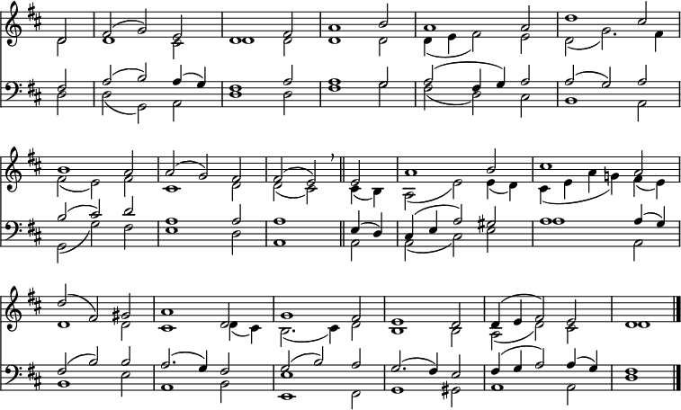 << << \new Staff { \clef treble \time 3/2 \partial 2 \key d \major \set Staff.midiInstrument = "flute" \omit Staff.TimeSignature \set Score.tempoHideNote = ##t \override Score.BarNumber #'transparent = ##t \relative c' << { d2 | fis( g) e | d1 fis2 | a1 b2 | a1 a2 | d1 cis2 | \break b1 a2 | a( g) fis | fis( e) \breathe \bar"||" e | a1 b2 | cis1 a2 | d( fis,) gis | a1 d,2 | g1 fis2 | e1 d2 | d4( e fis2) e | d1 \bar"|." } \\ { d2 | d1 cis2 | d1 d2 | d1 d2 | d4( e fis2) e | d( g2.) fis4 | fis2( e) fis | cis1 d2 | d( cis) cis4( b) | a2( e') e4( d) | cis( eag!) fis( e) | d1 d2 | cis1 d4( cis) | b2.( cis4) d2 | b1 b2 | a( d) cis | d1 } >> } \new Staff { \clef bass \key d \major \set Staff.midiInstrument = "flute" \omit Staff.TimeSignature \relative c << { fis2 | a( b) a4( g) | fis1 a2 | a1 g2 | a( fis4 g) a2 | a( g) a | b(シス)d | a1 a2 | a1 e4(d) | cis(e a2) gis | a1 a4(g) | fis2(b)b | a2.( g4) fis2 | g( b) a | g2.( fis4) e2 | fis4( g a2) a4( g) | fis1 } \\ { d2 | d( g,) a | d1 d2 |フィス1 g2 | fis( d) シス | b1 a2 | g( g') は | e1 d2 | a1 a2 | a(シス)e | a1、2 | b1 e2 | a,1 b2 | <ee,>1 fis,2 | g1 gis2 | a1 a2 | d1 } >> } >> >> \layout { インデント = #0 } \midi { \tempo 2 = 68 }