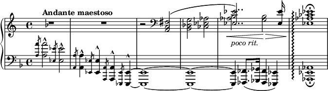 { \relative c' { \new PianoStaff << \set PianoStaff.connectArpeggios = ##t \new Staff { \key f \major \tempo "Andante maestoso" R1 R r2 \clef F << { <a, c fis>2\( \stemDown <bes des g> <ces ees aes> \stemUp <ees ees'>2..\) q16 s1 } \\ { \stemNeutral s2*3 <aes bes>2\<_\markup\italic{poco rit.} <g bes>\> <ees aes ces ees>1\arpeggio\!^\fermata } >> } \new Staff { \clef F \key f \major \slashedGrace { <a a'>8 } <a a'>2^^ \slashedGrace { <ees ees'>8 } <ees ees'>2^^ \slashedGrace { <a, a'>8 } <a a'>4^^ \slashedGrace { <ees ees'>8 } <ees ees'>4^^ \slashedGrace { <a, a'>8 } <a a'>4^^ \slashedGrace { <ees ees'>8 } <ees ees'>4^^~q1~q~ q4 <fes fes'>8. ( <ges ges'>16 <fes fes'>4 <ees ees'> ) <aes ees' aes>1\arpeggio_\fermata %<!-- ここでは小節線のフェルマータが機能しません --> } >> } }