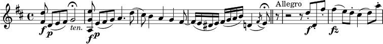 \relative d'' { \key d \major \time 4/4 <d fis,>8 \fd,([ \pe fis)] g2 \fermata _\markup { \italic "ten." } <e' g, a,>8 \fe,([ \p fis g)] a4. d8( cis8) b4 ag fis8~ fis16( e dis e) fis( gab) d,4( \acciaccatura fis8 e8) \fermata \bar "||" r8 ^「アレグロ」 r2 r 8 d'-。 \fd、-。フィズ'-。 fis4( \fz e8) d-。 cis4( d8) a'-。 }