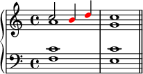 \new PianoStaff << \new Staff << \new Voice \relative c'' { \clef treble \key c \major \time 4/4 \voiceOne c2 \override NoteHead.color = #red b4 d \override NoteHead.color = #black c1 } \new Voice \relative c'' { \voiceTwo a1 g } >> \new Staff << \relative c { \clef bass \key c \major \time 4/4 <f c'>1 <e c'> \bar "||" } >> >>
