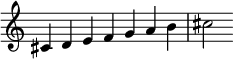 { \override Score.TimeSignature #'stencil = ##f \relative c' { \clef treble \time 7/4 cis4 defgab cis2 } }


