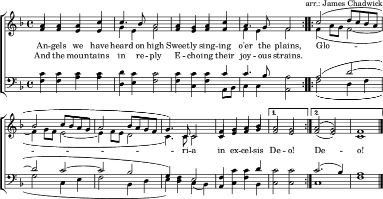 \header { tagline = ##f arrangementr = "arr.: James Chadwick" } \layout { indent = 0 \context { \Score \remove "Bar_number_engraver" } } global = { \key f \major \time 4/4 } verse = \lyricmode { 高い所から、平原を越えて甘く歌う歌声が聞こえてくる、 \repeat volta 2 { Glo -- ri -- a in ex -- cel -- sis } \alternative { { De -- o! } { De -- o! } } } verseR = \lyricmode { そして山々は喜びの旋律を歌い返す。 } ソプラノ = \relative c'' { \global \set midiInstrument = "flute" \voiceOne \repeat volta 2 { a4 aac | c4. bes8 a2 a4 gac | a4. g8 f2 | } \repeat volta 2 { c'2 (d8 c bes a |bes2 c8 bes ag | a2 bes8 agf | g4.) c,8 c2 | f4 ga bes | } \alternative { { a2 g | } { a2 (g) | f1 \bar "|." } } } アルト = \relative c' { \global \set midiInstrument = "flute" \voiceTwo \repeat volta 2 { \stemUp f4 fee | \stemDown ge f2 | \stemUp f4 eff | \stemDown fe f2 | } \repeat volta 2 { f4 (a8 g f2~ | f4 g8 f e2~ | e4 f8 e d2 | c4.) c8 c2 | \stemUp c4 efg | } \alternative { { f2 e | } { f2 (e) | c1 \bar "|." } } } tenor = \relative c' { \global \set midiInstrument = "clarinet" \repeat volta 2 { c4 ccc | dc c2 | c4 ccc | c4. bes8 a2 | } \repeat volta 2 { a2 (d~ | dc~ | c bes | g4) f e2 | f4 c' cd | } \alternative { { c2 c } { c2. (bes4) | a1 \bar "|." } } } bass = \relative c { \global \set midiInstrument = "clarinet" \repeat volta 2 { f4 faa | d, e f2 | f4 cfa,8 bes | c4 c a2 | } \repeat volta 2 { f'2 (d4 f | g2 c,4 e | f2 bes,4 d | e) dc (bes) | acf bes, | } \alternative { { c2 c } { c1 | f1 \bar "|." } } } \score { \new ChoirStaff << \new Staff << \new Voice \soprano \addlyrics \verse \addlyrics \verseR \alto >> \new Staff << \clef bass \partCombine \tenor \bass >> >> \layout { } } \score { \unfoldRepeats { << \soprano \\ \alto \\ \tenor \\ \bass >> } \midi { \tempo 4=120 \context { \Staff \remove "Staff_performer" } \context { \Voice \consists "Staff_performer" } } }
