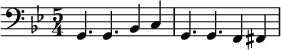 { \set Score.tempoHideNote = ##t \set Staff.midiInstrument = #"エレキベース(ピック)" \clef bass \key g \minor \time 5/4 \relative c { \tempo 4 = 170 g4. g4. bes4 c4 g4. g4. f4 fis4 } }