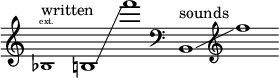 { \new Staff \with { \remove "Time_signature_engraver" } \clef treble \key c \major ^ \markup "written" \cadenzaOn \tweak font-size #-2 bes1 \finger \markup \text "ext." b1 \glissando f'''1 \clef bass ^ \markup "sounds" b,1 \glissando \clef treble f''1 }