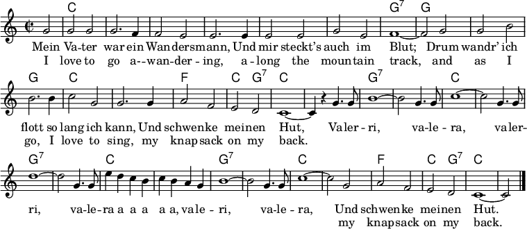 \header { tagline = ##f } \layout { indent = 0 \context { \Score \remove "Bar_number_engraver" } } global = { \key c \major \time 2/2 \partial 2 } chordNames = \chordmode { \global \set ChordNames.midiInstrument = #"アコースティックギター(ナイロン)" \set chordChanges = ##t s2 | c,1 | c, | c, | c, | c, | c, | g,:7~ | g,2 g,2 | g,1 | g, | c, | c, | f, | c,2 g,:7 | c,1~ | c,2 s2 | g,1:7~ | g,2:7 s | c,1~ | c,2 s | g,1:7~ | g,2:7 s2 | c,1 | c, | g,:7~ | g,2:7 s | c,1~ | c, | f, | c,2 g,:7 | c,1~ | c,2 \bar "|." } tenorVoice = \relative c'' { \global g2 | gg | g2. f4 | f2 e | e2. e4 | e2 e | ge | f1~ | f2 g2 | gb | b2. b4 | c2 g | g2. g4 | a2 f | ed | c1~ | c4 r g'4. g8 | b1~ b2 g4. g8 | c1~ | c2 g4. g8 | d'1~ | d2 g,4. g8 | e'4 dcb | cbag | b1~ | b2 g4. g8 | c1~ | c2 g | af | ed | c1~ | c2\bar "|." } verse = \lyricmode { Mein Va -- ter war ein Wan -- ders -- mann、Und mir steckt's auch im Blut; Drum wandr' ich flott so lang ich kann、Und schwen -- ke mei -- nen Hut、Va -- ler -- ri、va -- le -- ra、va -- ler -- ri、va -- le -- ra aaaaa、va -- le -- ri、va -- le -- ra、Und schwen -- ke mei -- nen Hut。 } verseE = \lyricmode { 私は、山道を長く歩きながら、ナップサックを背負って歌うのが大好きです。 \repeat unfold 23 { \skip 1} 私の背負う袋 } chordsPart = \new ChordNames \chordNames tenorVoicePart = \new Staff \with { midiInstrument = "accordion"} { \tenorVoice } \addlyrics { \verse } \addlyrics { \verseE } \score { << \chordsPart \tenorVoicePart >> \layout { } \midi { \tempo 4=256 } }