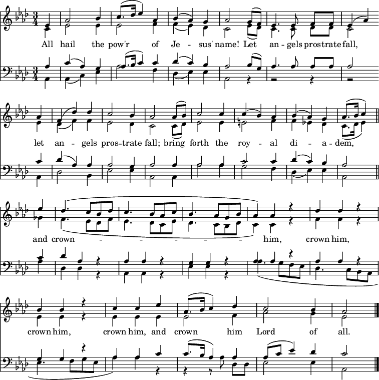 \transpose f を { << << \new Staff { \clef treble \time 3/4 \partial 4 \key f \major \set Staff.midiInstrument = "church organ" \set Score.tempoHideNote = ##t \override Score.BarNumber #'transparent = ##t \relative c' << { c4 | f2 g4 | a8.( bes16 c4) f, | g( f) e | f2 e8( d) | c4. c8 d[ d] | c4( f) \bar"" \break f4 | d( bes') bes | a2 g4 | f2 f8( g) | a2 a4 | a( g) f | g( f) e | f8.( g16 a4) \bar"||" \break c4 | bes4.( a8 g bes | a4. g8 fa | g4. f8 eg | f4) fr | bes bes r | \break ggr | aac | f,8.( g16 a4) bes | a2 g4 | f2 \bar"|." } \\ { a,4 | c2 c4 | c2 d4 | d( c) bes | a2 c8( bes) | a4. a8 bes[ bes] | a2 c4 | bes( d) d | c2 bes4 | a2 a8( bes) | c2 c4 | cis2 d4 | dc! bes | a8.( bes16 c4) es4 | d4.( c8 bes d | c4. bes8 ac | bes4. a8 g bes | a4) ar | ddr | ccr | ccc | c2 d4 | f2 e4 | c2 } >> } \new Lyrics \lyricmode { 皆、主の力を称えよ、名を尋ねよ! 皆、主を称えよ、名を尋ねよ。 皆、主を称えよ、名を尋ねよ。 王を導き、すべての王を戴冠せよ。 彼を戴冠せよ、彼を戴冠せよ、彼を戴冠せよ、彼をすべての主として戴冠せよ。 } \new Staff { \clef bass \key f \major \set Staff.midiInstrument = "church organ" \relative c << { f4 | a( f) e | f8.( g16 a4) a | bes( a) g | f2 g8( e) | f4. f8 f[ f] | f2 a4 | bes( f) f | f2 e4 | f2 f4 | f2 f4 | a2 a4 | bes( a) g | f2 a4 | bes fr | ffr | eer | ffr | ffr | eer | ffa | a8.( g16 f4) f | f8( a c4) bes4 | a2 } \\ { f,4 | f4( a) c | f2 d4 | bes( c) c | f,2 r4 | r2 r4 | r2 f4 | bes2 g4 | c2 c4 | f,2 f4 | f'2 f4 | e2 d4 | bes( c) c | f,2 f'4 | bes, bes r | ffr | c' cr | f4.( e8 dc | bes4. a8 gf | c'4. d8 ec | f4) fr | r r8 f bes,[ bes] | c2 c4 | f,2 } >> } >> >> } \layout { indent = #0 } \midi { \tempo 4 = 90 }
