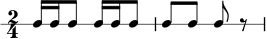  \new RhythmicStaff { \time 2/4 c16 16 8 16 16 8 | 8 8 8 r | } 