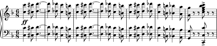 { { \new PianoStaff << \new Staff { \relative c'' { \set Score.tempoHideNote = ##t \tempo 4. = 120 \clef treble \time 6/8 \key f \major <c c'>4\ff <cis cis'>8 <d d'>4.~ <d d'>4 <des des'>8 <c c'>4 <b b'>8 <c c'>4 <cis cis'>8 <d d'>4.~ <d d'>4 <des des'>8 <c c'>4 <b b'>8 <c c'>4 <cis cis'>8 <d d'>4 <des des'>8 <c c'>4 <b b'>8 <bes bes'>4 <a a'>8 <g g'>8 rr <ceg bes c>-> rr } } \new Staff { \relative c { \clef bass \time 6/8 \key f \major <c c'>4 <cis cis'>8 <d d'>4.~ <d d'>4 <des des'>8 <c c'>4 <b b'>8 <c c'>4 <cis cis'>8 <d d'>4.~ <d d'>4 <des des'>8 <c c'>4 <b b'>8 <c c'>4 <cis cis'>8 <d d'>4 <des des'>8 <c c'>4 <b b'>8 <bes bes'>4 <a a'>8 <g g'>8 rr <c, c' c'>-> rr } } >> } }