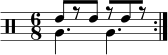 \new DrumStaff << \new voice \drummode { \set Score.tempoHideNote = ##t \tempo 4 = 120 \time 6/8 \stemUp \repeat volta 2 { tommh8[ r tommh] r[ tommh r] } } \new voice \drummode { \stemDown \repeat volta 2 { tomfh4. tomfh } } >> 
