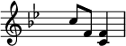 \relative { \set Score.tempoHideNote = ##t \tempo 4 = 80 \set Staff.midiInstrument = #"vibraphone" \key bes \major \time 2/4 \hide Staff.TimeSignature c''8 f,8 <c f>4 }