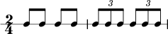 \new RhythmicStaff { \clef percussion \time 2/4 \set Score.tempoHideNote = ##t \tempo 4 = 100 c8 ccc \tuplet 3/2 { c8 cc } \tuplet 3/2 { c8 cc } } 