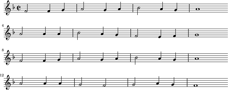 \new 譜面 << \clef treble \key f \major { \time 2/2 \partial 1 \relative f' { f2 f4 g | a2 g4 a | bes2 a4 g | a1 \bar"" \break a2 a4 a | bes2 a4 g | f2 e4 f | g1 \bar"" \break f2 f4 g | a2 g4 a | bes2 a4 g | a1 \bar"" \break a2 a4 a | g2 f | g2 a4 g | f1 \bar"" \break } } %\new 歌詞 \lyricmode { %} >> \layout { indent = #0 } \midi { \tempo 2 = 54 }