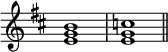 
{ \override Score.TimeSignature #'stencil = ##f \relative c' { \time 4/4 \key b \minor <eg b>1 <eg c> \bar "||" } }
