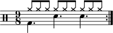 \version "2.22.0" \header { tagline = ##f} \score { \drums \with {midiInstrument = "drums"} \with { \numericTimeSignature } { \time 9/8 \repeat volta 2 { <<{ cymra8 cymra cymra cymra cymra cymra cymra cymra cymra }\\{bd4。 sne sne }>>\break } } \layout {} } \score { \unfoldRepeats { \drums \with {midiInstrument = "drums"}{ \repeat volta 2 { <<{cymra8 cymra cymra cymra cymra cymra cymra cymra cymra } \\{bd4. sne sne }>>\break\break } } } \midi { \tempo 4 = 100 } }