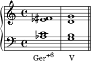 { \new PianoStaff << \new Staff << \relative c' { \clef トレブル \key c \major \time 4/4 <es fis>1 <d g> } >> \new Staff << \relative c' { \clef ベース \key c \major \time 4/4 <aes c>1_\markup { \concat { \translate #'(-2 . 0) { "Ger" \raise #1 \small "+6" \hspace #4.5 "V" } } } <g b> \bar "||" } >> >> }