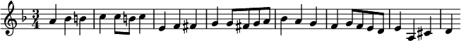 
\relative c'' { \key d \minor \time 3/4 a bes bc c8 b c4 e, f fis g g8 fis ga bes4 agf g8 fed e4 a, cis d }
