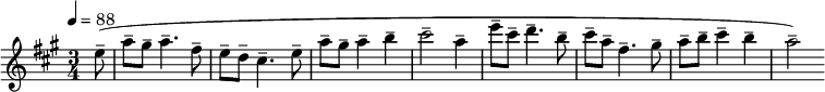 \relative c'' { \set Staff.midiInstrument = #"フルート" \tempo 4 = 88 \key a \major \time 3/4 \partial8 e8--( a-- gis-- a4.-- fis8-- e-- d-- cis4.-- e8-- a-- gis-- a4-- b-- cis2-- a4-- e'8--cis--d4.-b8--cis--a--fis4.-gis8--a--b--cis4--b--a2--)}