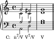 { \new PianoStaff << \new Staff << \new Voice \relative c'' { \stemUp g2 fis g1 } \new Voice \relative c' { \stemDown c2 c d1 } >> \new Staff << \new Voice \relative c' { \stemUp \clef F a2 a b1 } \new Voice \relative c { \stemDown a2_\markup { \translate #'(-7 . 0) { \concat { "C: ii" \raise #1 \small "7" "/V" \hspace #1 "V" \raise #1 \small "7" "/V" \hspace #3.2 "V" } } } d g1 \bar "||" } >> >> }