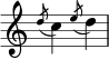 { \override Score.TimeSignature #'stencil = ##f \relative c'' { \time 2/4 \slashedGrace { d8( } c4) \slashedGrace { e8( } d4) } } 