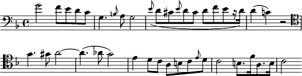   { \relative c' { \clef bass \key f \major g'2 f8 edc | g4. \grace b8 a g2 | \grace e'8( d cis \grace ed cis d[ fe r16 d16]) | d4( c!) r2 | \clef tenor g'4. gis8 a2 ~ a4.( aes8 g2) | e4 d8 cabc \grace ed | c2 b8.[ f'16 a,8. b16] | c2 } } \layout { \context {\Score \omit BarNumber} line-width = #150 }
