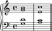 \new PianoStaff << \new Staff << \new Voice \relative c'' { \stemUp \clef treble \key c \major \time 4/4 b1 c } \new Voice \relative c'' { \stemDown g1 e } >> \new Staff << \new Voice \relative c' { \stemUp \clef bass \key c \major \time 4/4 d1 c } \new Voice \relative c' { \stemDown g1 a \bar "||" } >> >>