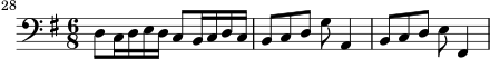 { \set Score.currentBarNumber = #28 \bar "" \key g \major \time 6/8 \relative c { \clef bass d8 c16 ded c8 b16 cdc b8 cdga,4 b8 cde fis,4 } }