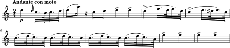\relative c' { \set Staff.midiInstrument = #"oboe" \set Staff.midiMinimumVolume = #0.7 \set Staff.midiMaximumVolume = #1.0 \tempo "Andante con moto" \tempo 8 = 120 \transposition c' \key a \minor \time 2/4 e'4_\p \grace {d32} c16._. b32_. c16._. d32_. e8( a16) rc,8_. d_. e4-> e-> d->( f16. e32 f16.) d32_. c4->( e16. dis32 e16.) c32_. b16.( d32 c16.) b32_. b16.( d32 c16.) b32_. b16.( d32 c16.) b32_. b16.( d32 c16.) a32_. e'4-> e-> e-> e-> }