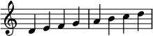 { \override Score.TimeSignature #'stencil = ##f \relative c' { \clef treble \time 4/4 d4 efgabcd } }